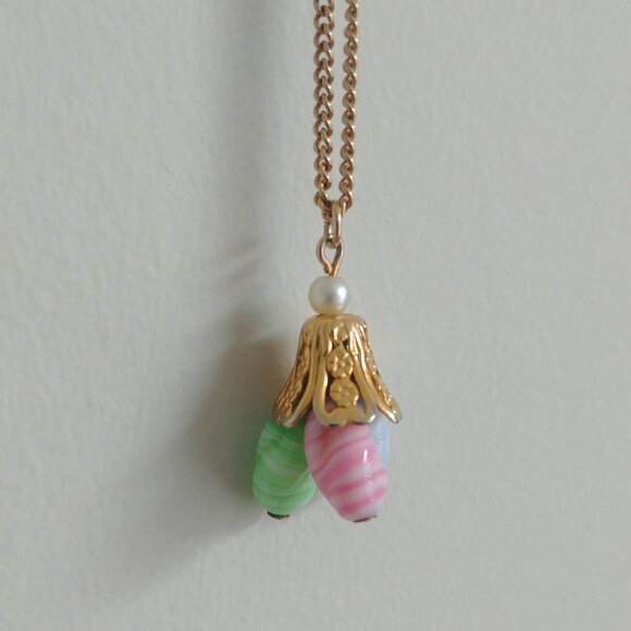 Short gold necklace with blue pink green pendant - Picture 1 of 11